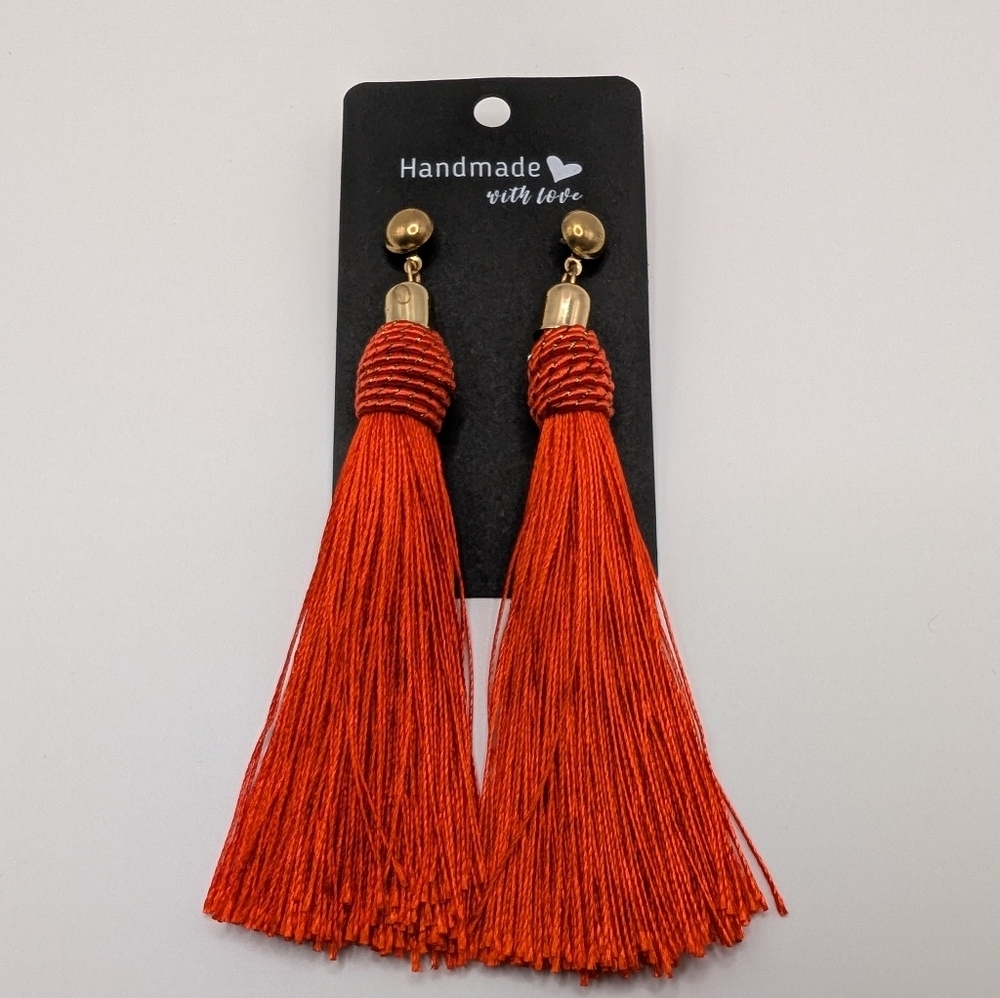 Handmade Red Tassel Fringe Earrings Wrapped Sparkle Top Post 4.5" NEW